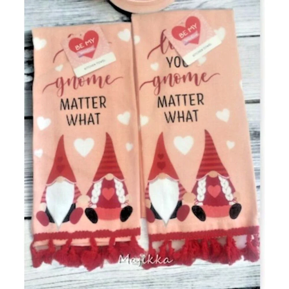 Valentine's Day Kitchen Dish Towels Cotton Love You Gnome Matter What Set of 2